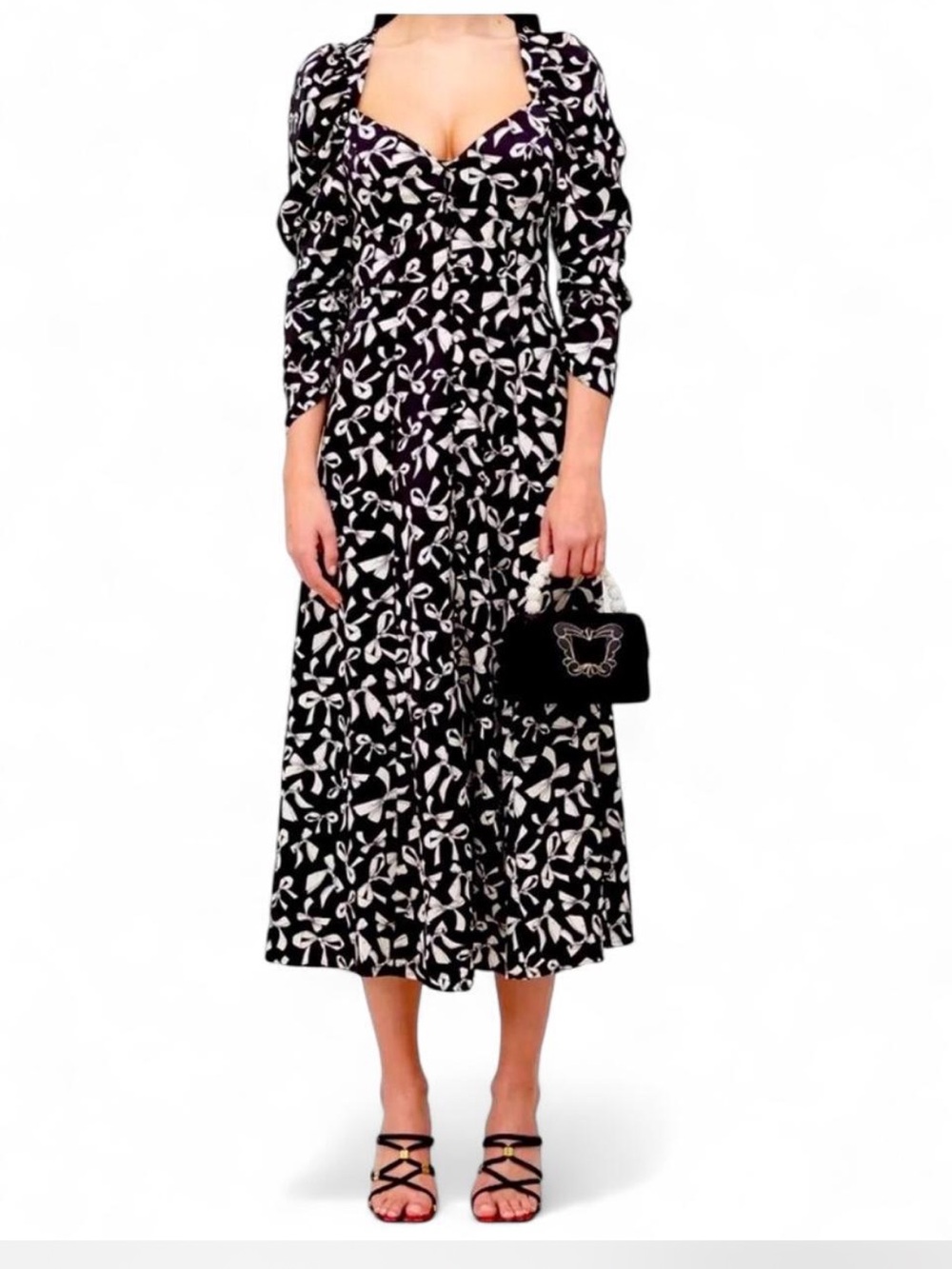 For Love & Lemons Black and White Bow-Print Midi Dress